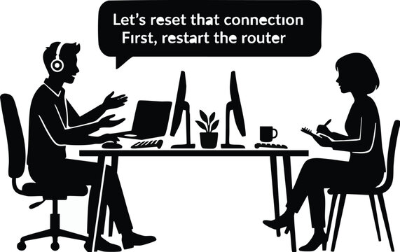 Technical support agent provides instructions to a user on how to reset a network router for restoring internet access.