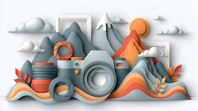 Abstract paper cut wave landscape with photo camera and snow mountain. Creative photography concept, and poster background.