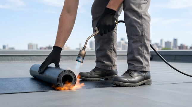 Worker using blowtorch to melt new bituminous waterproofing membrane while unrolling it onto a flat roof during commercial building renovation.