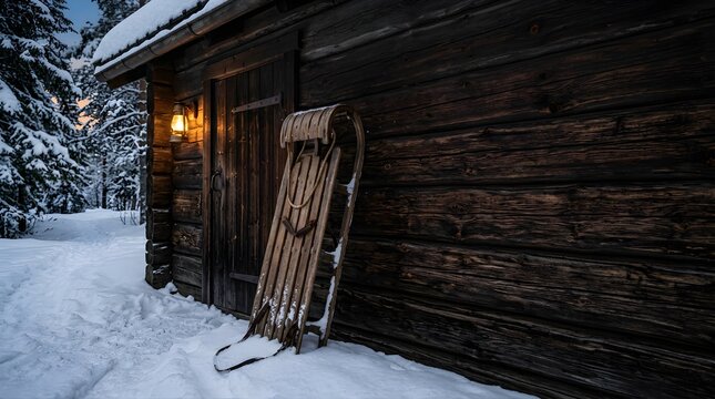 Traditional wooden sled leaning against a rustic log cabin in winter