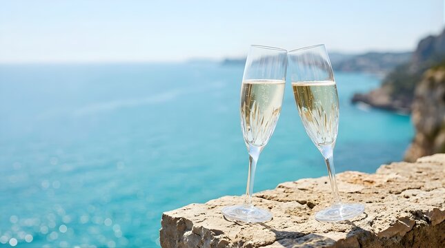 Two glasses of champagne toasting with blue ocean view and sunlight