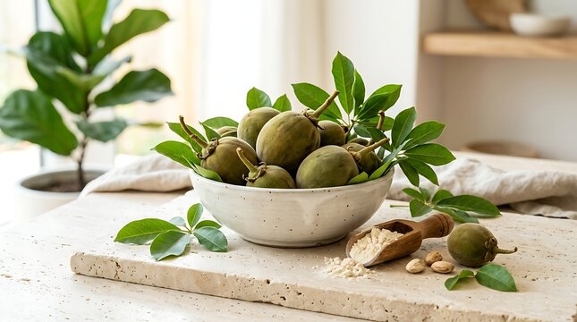 Fresh green olives in a white ceramic bowl on a rustic wooden table with leaves in a bright kitchen. baobab fruit bowl