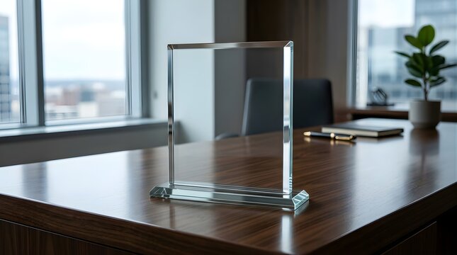 Vertical empty glass award trophy on a wooden desk in a modern office