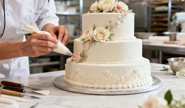 Photorealistic first-person view of a baker decorating a luxury wedding cake using both hands in a bright bakery.