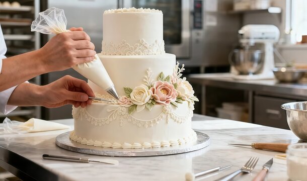 Photorealistic first-person view of a baker decorating a luxury wedding cake using both hands in a bright bakery.