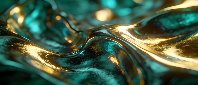 Abstract liquid metal waves with emerald green and golden light reflections