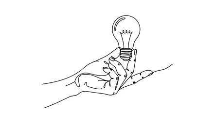 Minimalist line art hand holding a light bulb, symbolizing creativity and ideas. © Untung