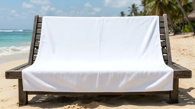 White towel draped on a wooden beach chair at a sunny tropical resort