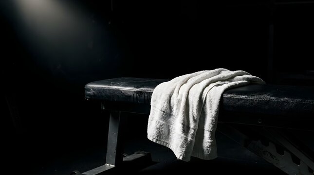 White towel resting on a black gym weight bench in a dark fitness studio
