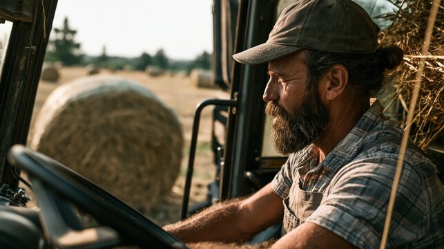 Farmer monitoring a round hay bale being ejected from a baler. Concept of hay baling.
