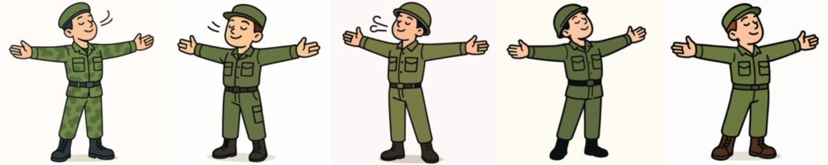 Fototapeta premium Set of vector illustrations of soldiers breathing in fresh air.