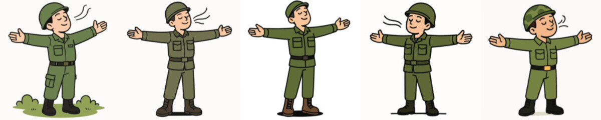 Fototapeta premium Set of vector illustrations of soldiers breathing in fresh air.