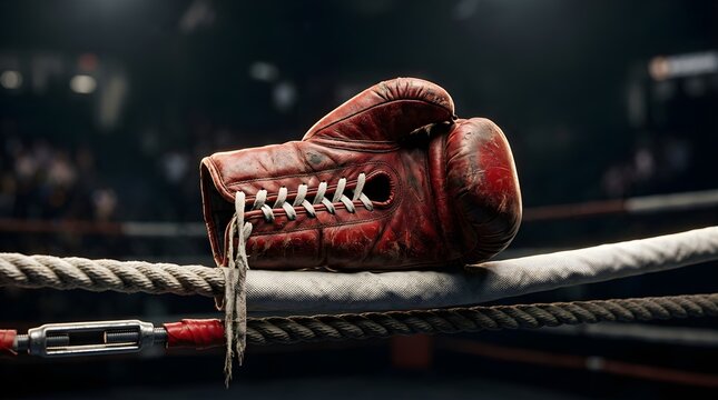 Worn red boxing glove resting on boxing ring ropes in a dark arena