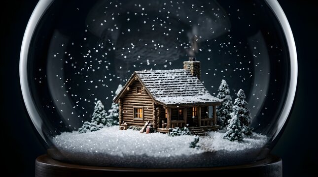 Wooden log cabin inside a snow globe during a winter night with snowfall