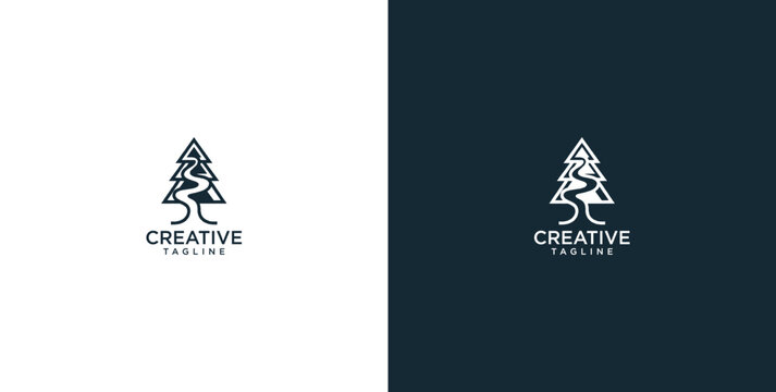 Minimalist pine tree logo design with winding path silhouette for nature adventure branding and outdoor identity concepts