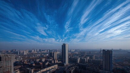 Obraz premium Dramatic skyscape above city buildings with impressive cloudy blue sky