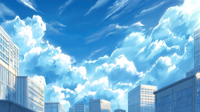 Anime style blue sky with fluffy clouds over stylized city buildings