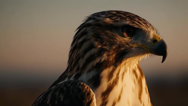 Close-up of hawk face at golden hour, warm sunset light creating a glowing edge around feathers