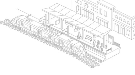Fototapeta premium Modern train at a railway station isometric line art
