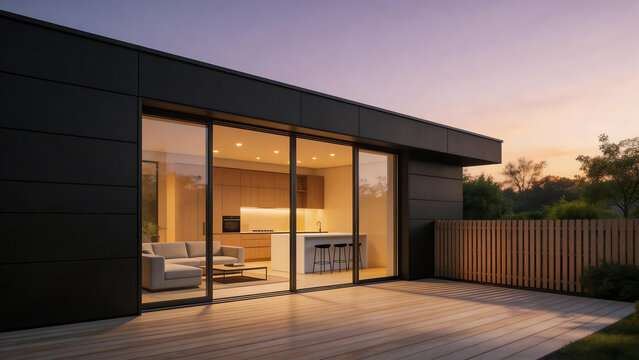 Modern house with glass walls and wooden deck
