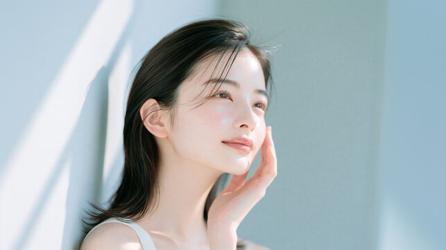 透明感とツヤのある美しい白い肌の女性。 美容、スキンケア、素材
