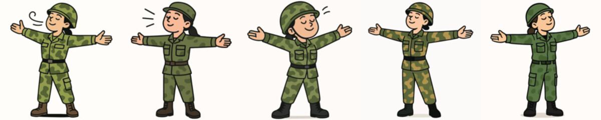 Fototapeta premium Set of vector illustrations of a female soldier breathing in fresh air.