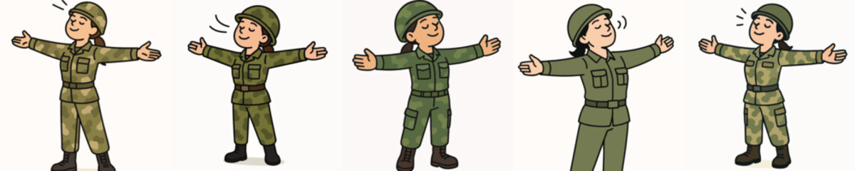 Fototapeta premium Set of vector illustrations of a female soldier breathing in fresh air.