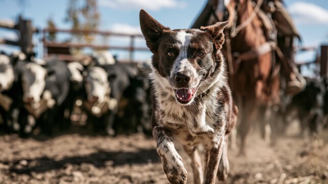Farmer on horseback directing a dog herding cattle toward a gate. Concept of cattle herding.