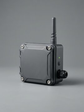 Industrial wireless sensor node isolated on a premium background representing industrial IoT, remote monitoring, smart agriculture, environmental sensing and connected infrastructure