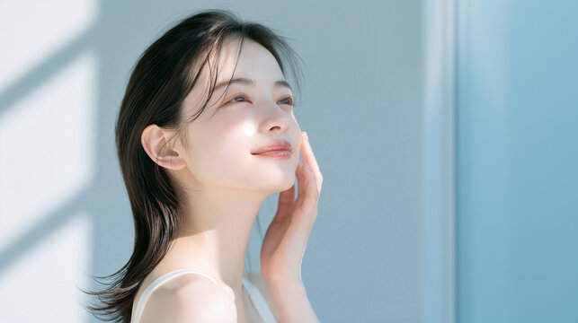 透明感とツヤのある美しい白い肌の女性。 美容、スキンケア、素材