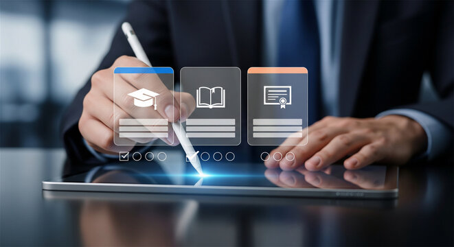 E-learning online education concept, businessman using stylus on digital tablet with virtual course icons, professional training and certification