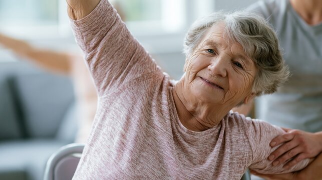 Elderly person in a chair doing a seated side-stretch yoga pose with an instructor. Concept of chair yoga for limited mobility.