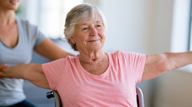 Elderly person in a chair doing a seated side-stretch yoga pose with an instructor. Concept of chair yoga for limited mobility.