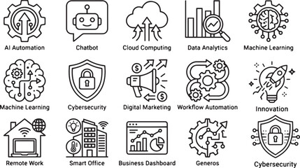 Fototapeta premium Artificial Intelligence Business Outline Icon Set for Automation and Digital Technology