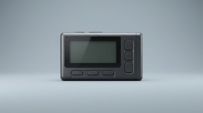 Portable digital dosimeter isolated on a neutral background representing laboratory safety, environmental monitoring, scientific research and industrial inspection