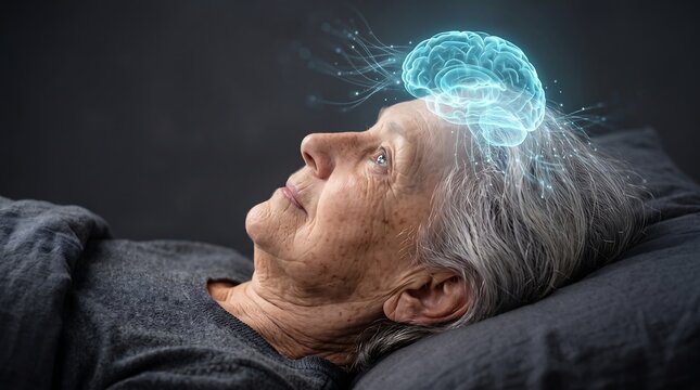 Senior woman lying down with a digital glowing brain hologram