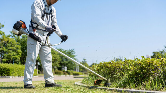 公園の歩道と植え込みの境界に生えた雑草をエンジン式刈払機で刈り取る緑地管理作業員