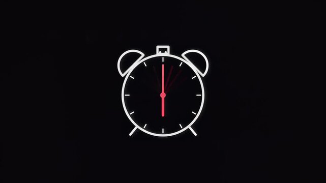 Minimalist animated alarm clock with moving hands on black background
