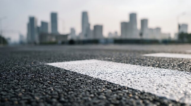 Close-up of asphalt road with blurred city skyline background