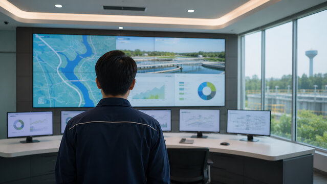 Industrial control room operator monitoring data and water facility