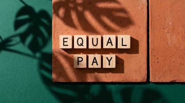 Equal Pay Concept Spelled on Wooden Blocks Over Terracotta Tile