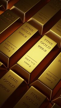 3D Stacks of fine gold bullion bars shining in dark background. Concept of wealth, precious metals investment, financial reserve, economy, and success asset, vertical looping background.