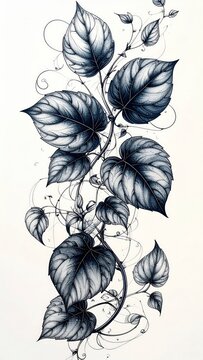 Black ink botanical illustration of leaves. Artistic vine drawing with floral elements.