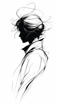 Elegant woman profile silhouette. Artistic ink sketch of a lady in a vintage hat.