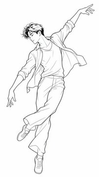 Young man dancing in casual clothes. Male dancer performing a dynamic artistic movement.