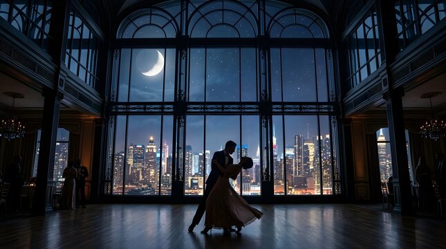 Romantic couple dancing in silhouette before a city skyline at night