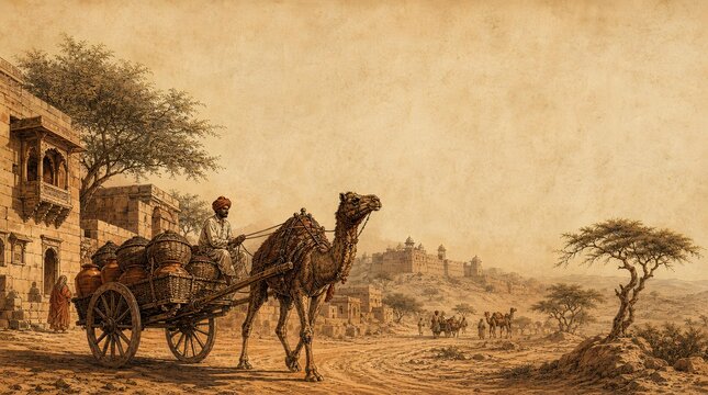 Rajasthani Desert Camel Cart Transport Clay Pots Countryside Heritage Illustration