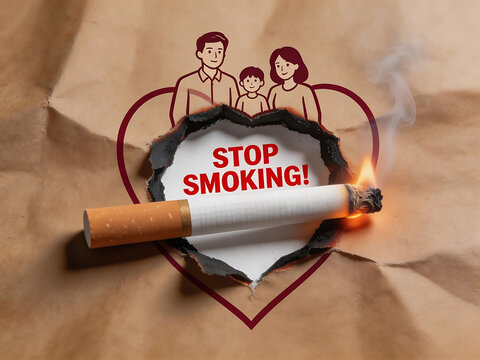 Cigarette burning with family illustration