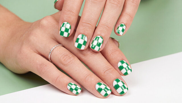 Female hands with vibrant green and white checkered pattern nail art are positioned over a split-tone background to emphasize the bold geometric design and modern fashion aesthetic.