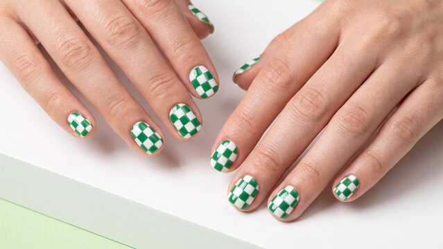 Fingernails display a vibrant green and white checkerboard pattern on a manicured hand resting against a soft white background.